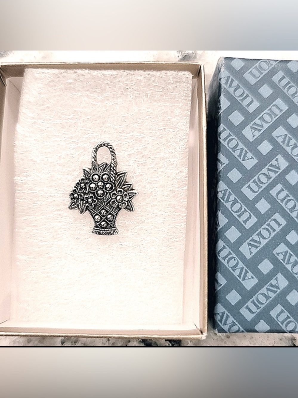 Vintage Metal AVON Flower Basket Brooch Lapel Pin Silver Tone with AVON Box